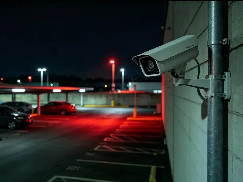 Caméra de vidéosurveillance surveillant un parking extérieur de nuit