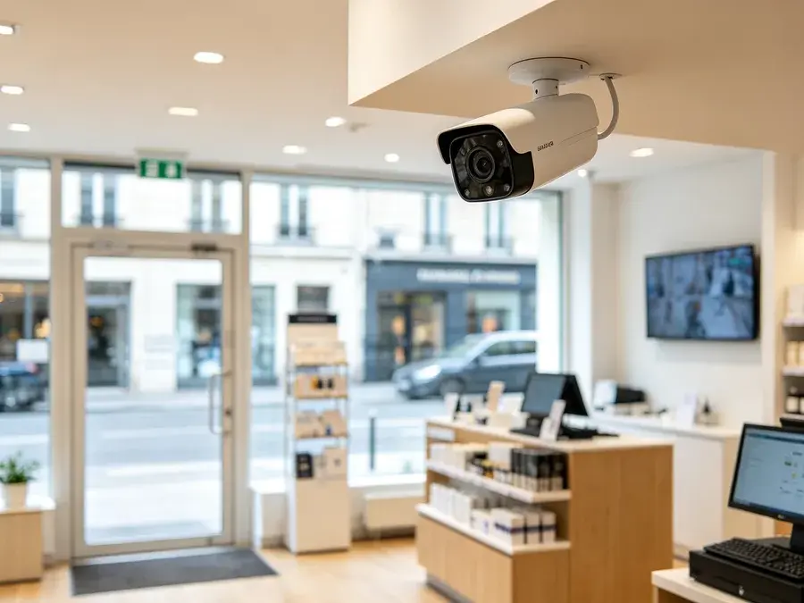 Caméra de vidéosurveillance installée au plafond d'un commerce, vitrine sur rue