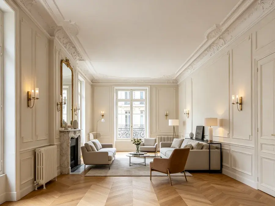 Séjour rénové d'un appartement ancien, moulures conservées et parquet à chevrons